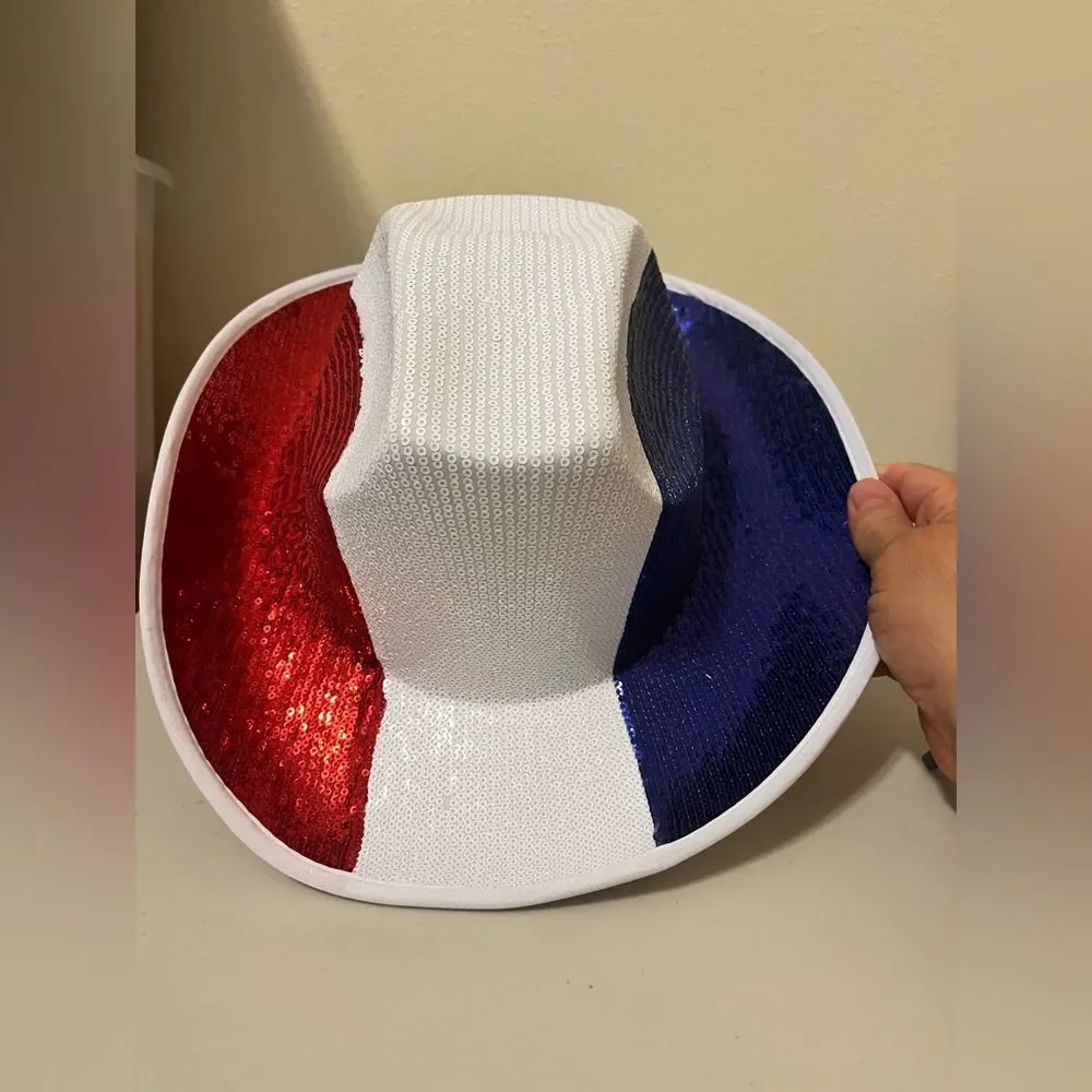 Patriotic Sequin Cowboy Hat - White, Red & Blue